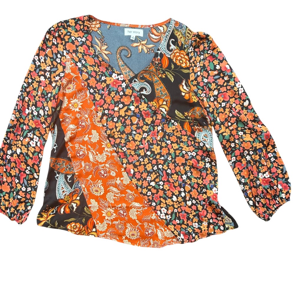 Her Story Floral Paisley Patchwork V-Neck Blouse Orange Black Small